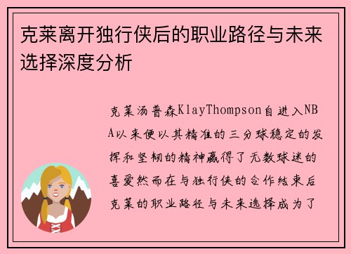 克莱离开独行侠后的职业路径与未来选择深度分析