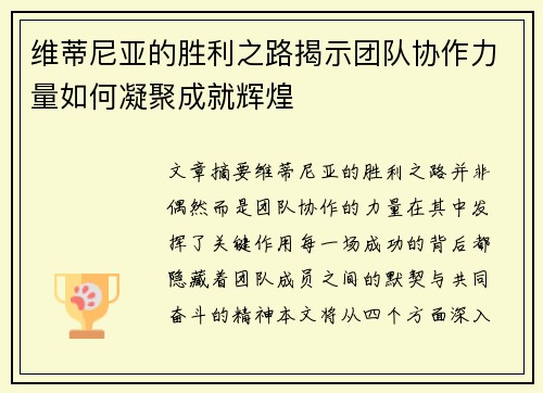 维蒂尼亚的胜利之路揭示团队协作力量如何凝聚成就辉煌